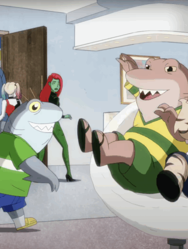 King Shark at Harley Quinn and Poison Ivy's condo in Metropolis with his children.
